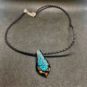 Murano Glass Pendant Necklace Leather Chain Hand-blow Blue Flower Gold Glitter‎